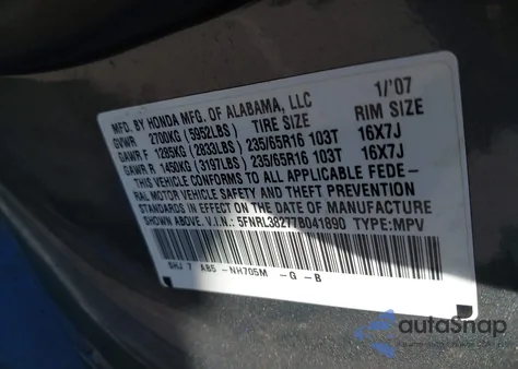 2007 Honda Odyssey Lx from USA, damaged, VIN 5FNRL38277B041890